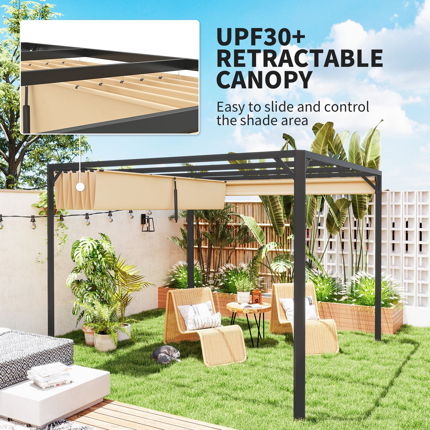 Outsunny 3 x 3m Aluminium Pergola With Retractable Roof And Side Panel Khaki Outdoor Shelter For Garden