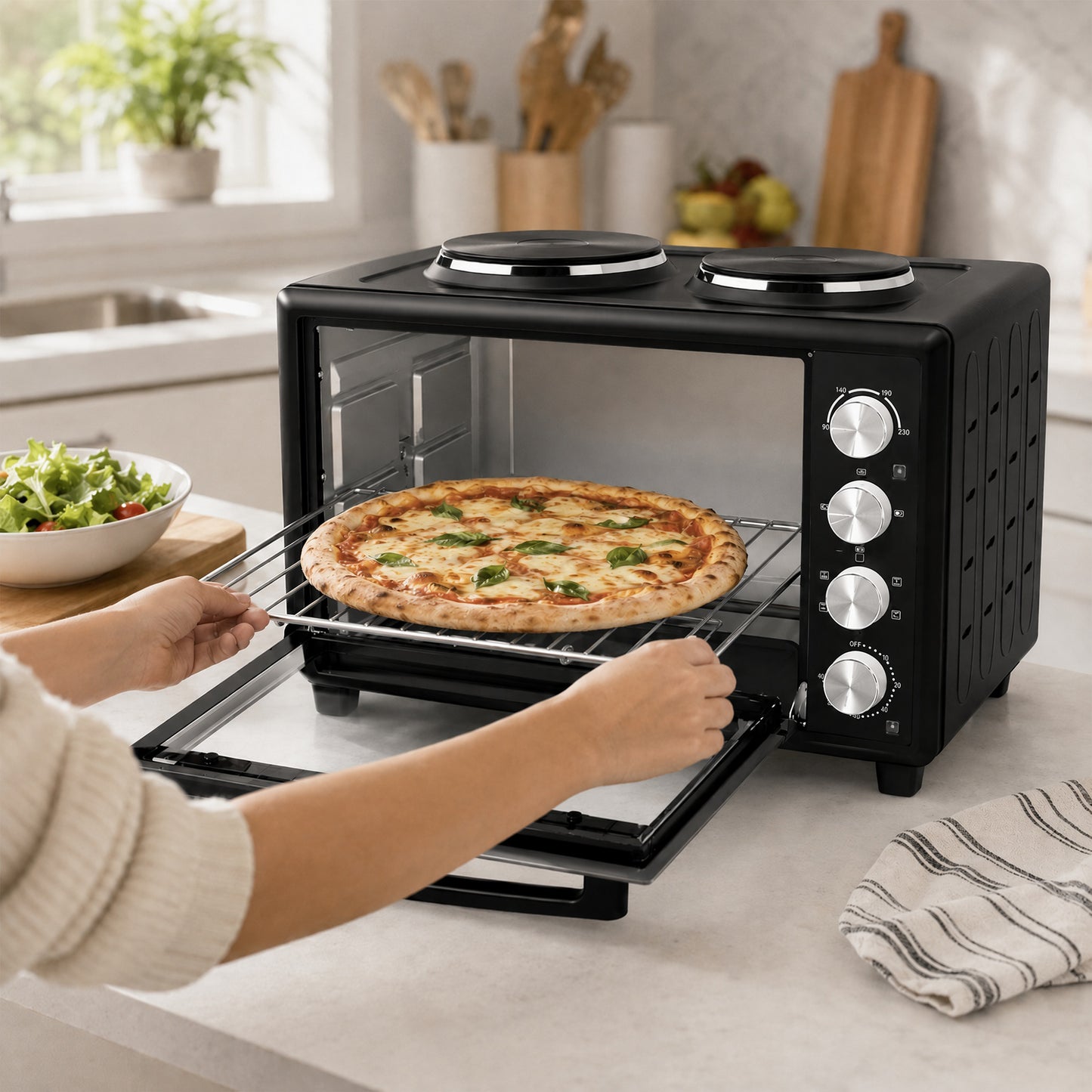 HOMCOM 46L Countertop Oven With Dual Hot Plates Convection And Adjustable Thermostat