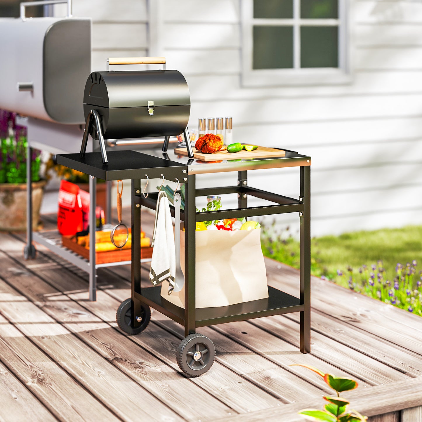 Outsunny Pizza Oven Table Cart With Stainless Steel Top And Foldable Side Table Hooks And Shelf Black