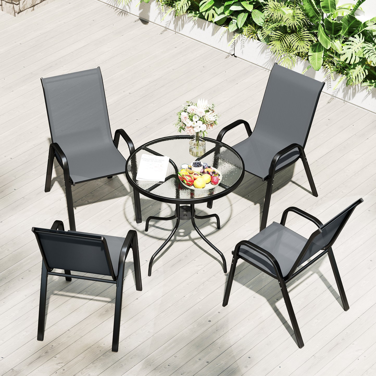 Outsunny Five-Piece Outdoor Steel Patio Set With Round Glass-Top Table And Four Stackable Chairs In Dark Grey