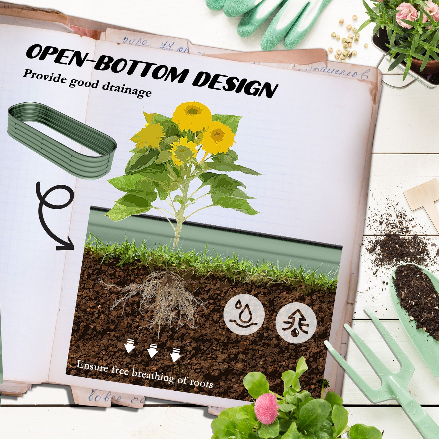 Outsunny Galvanised Raised Garden Bed Pack Of 2 Metal Planter Box With Safety Edging For Flowers Herbs Succulents Green