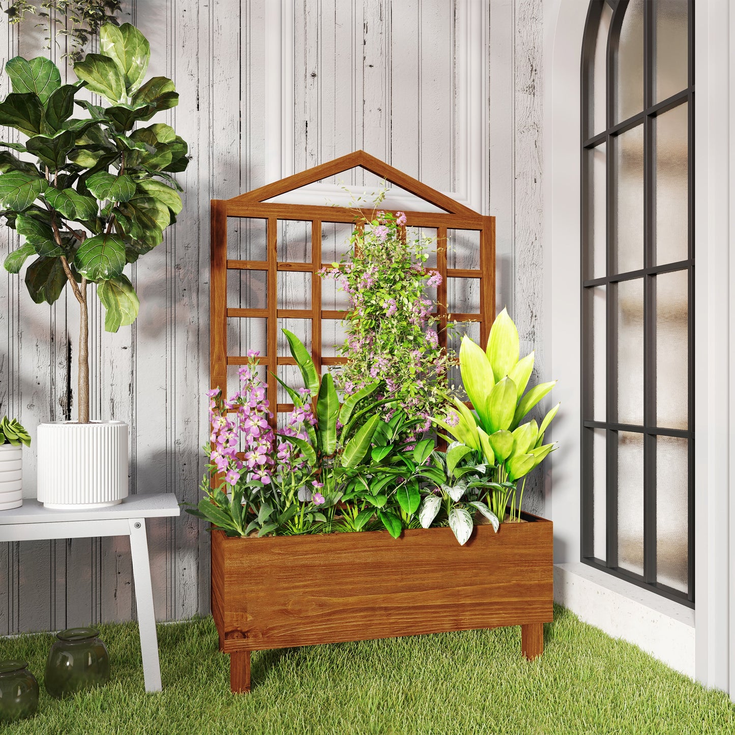 Outsunny Garden Planter With Trellis For Vines Distressed Wooden Raised Bed 90x43x150cm Brown Outdoor