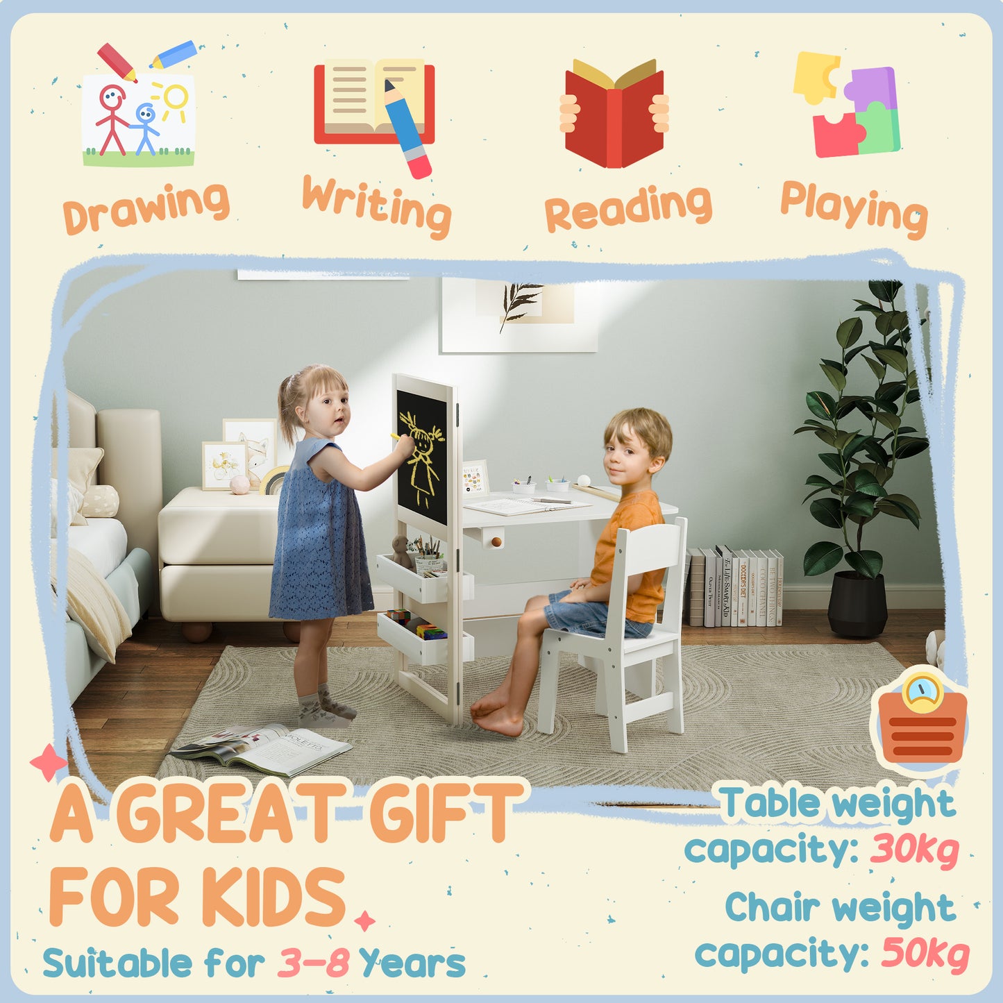 AIYAPLAY 3 In 1 Kids Table And Chair Set With Storage Whiteboard Blackboard And Roll Paper For Ages 3 To 8 White