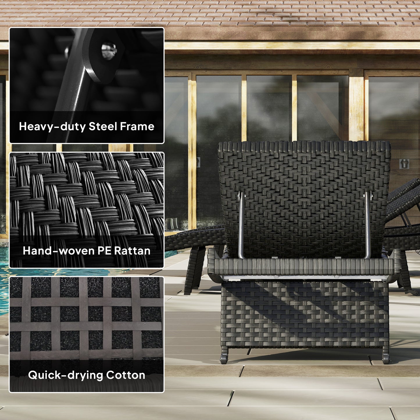 Outsunny Outdoor PE Rattan Sun Lounger Folding Wicker Garden Recliner With 4 Level Backrest Rolling Sunbed Chair Black