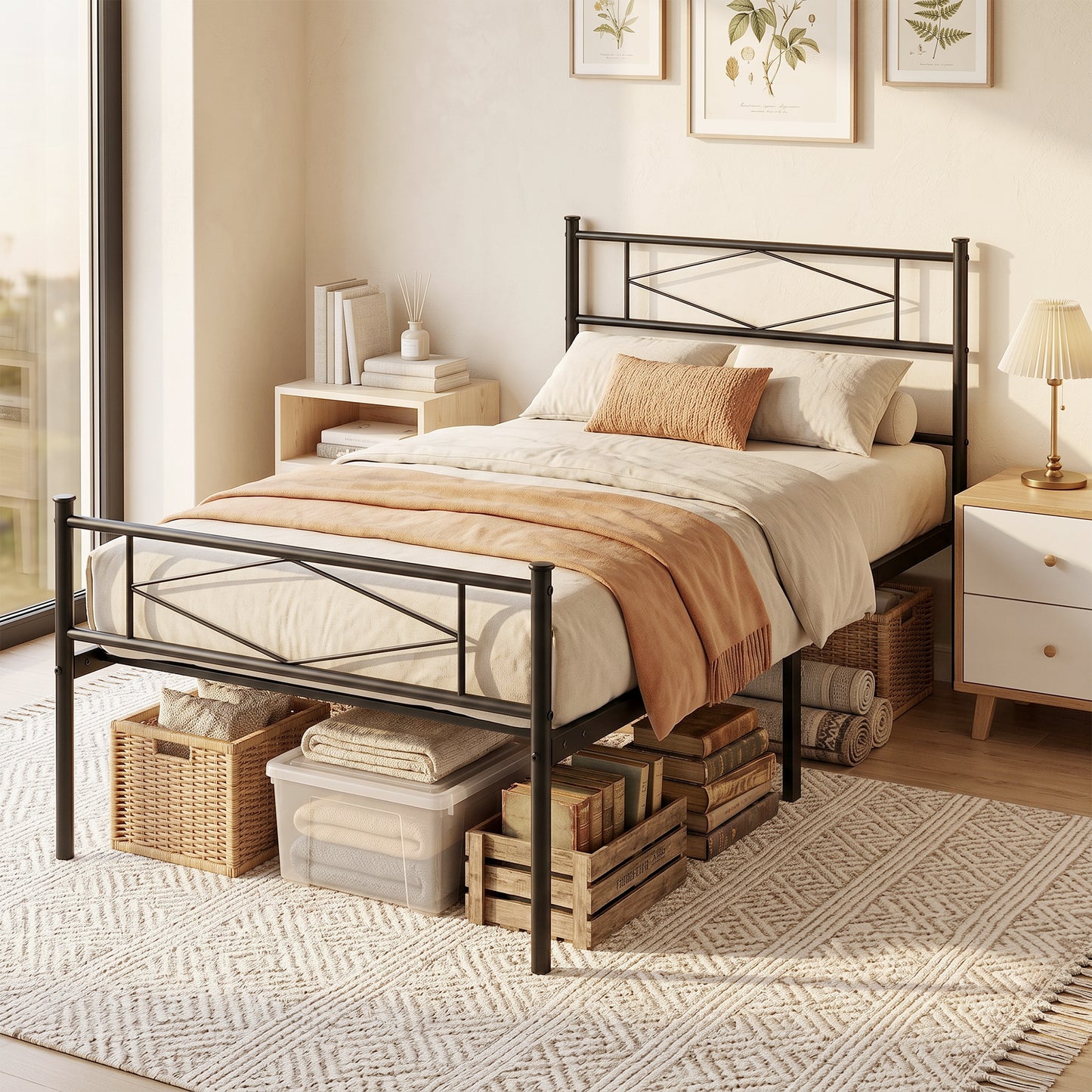 HOMCOM 3ft Single Bed Frame With Headboard And Footboard Metal Platform Bed Frame With 32 Cm Underbed Storage Black