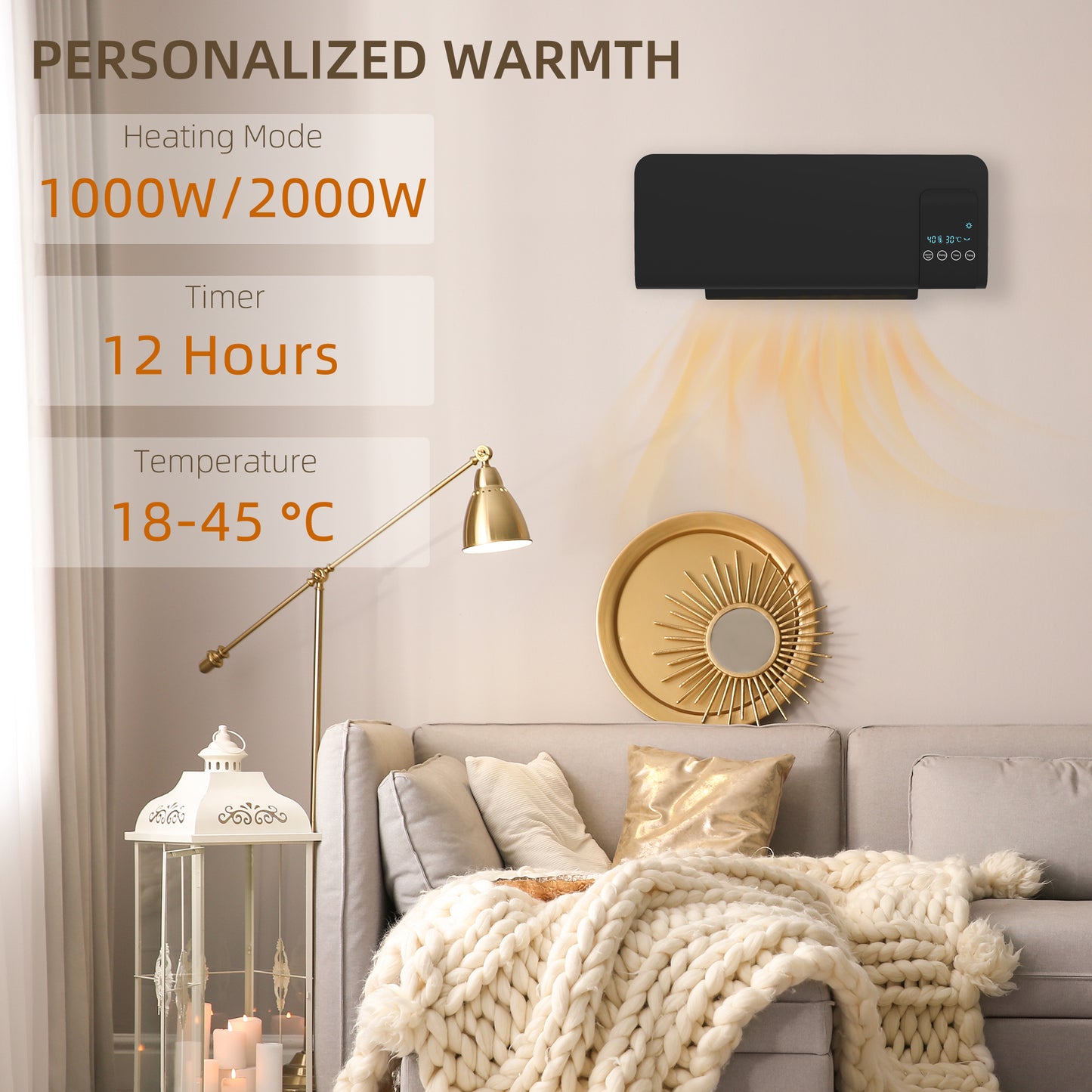 Homcom 2000W Wall Mounted Heater With 18 To 45 C Temperature Range Black Finish Included