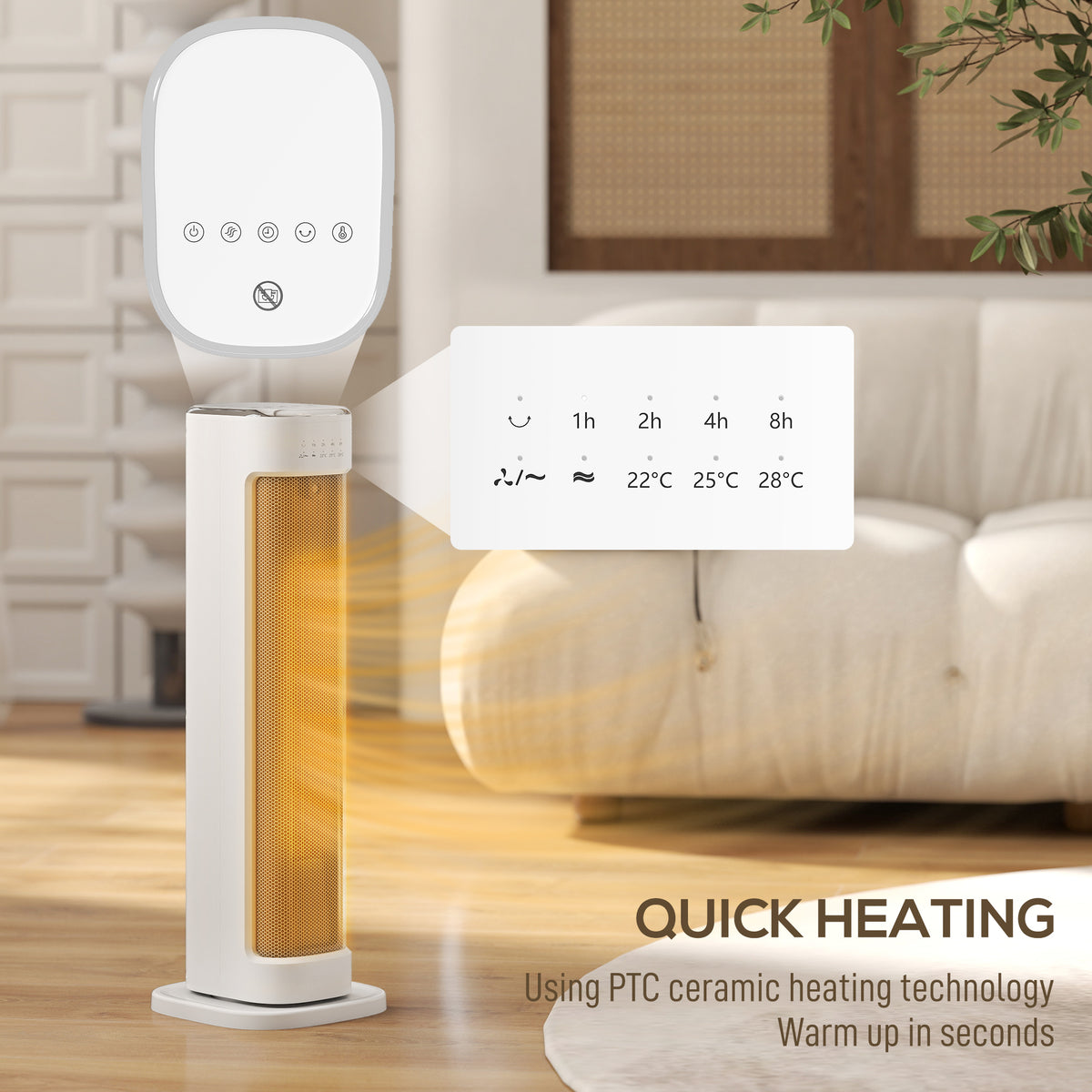 White ceramic tower heater with top LED control panel and glowing heating element
