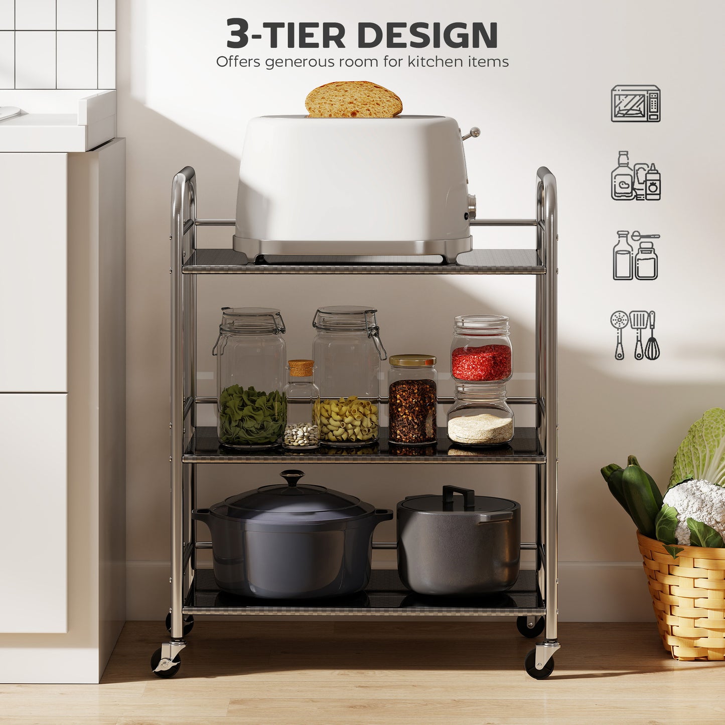 HOMCOM 3 Tier Stainless Steel Kitchen Storage Trolley With Adjustable Middle Shelf Silver Finish