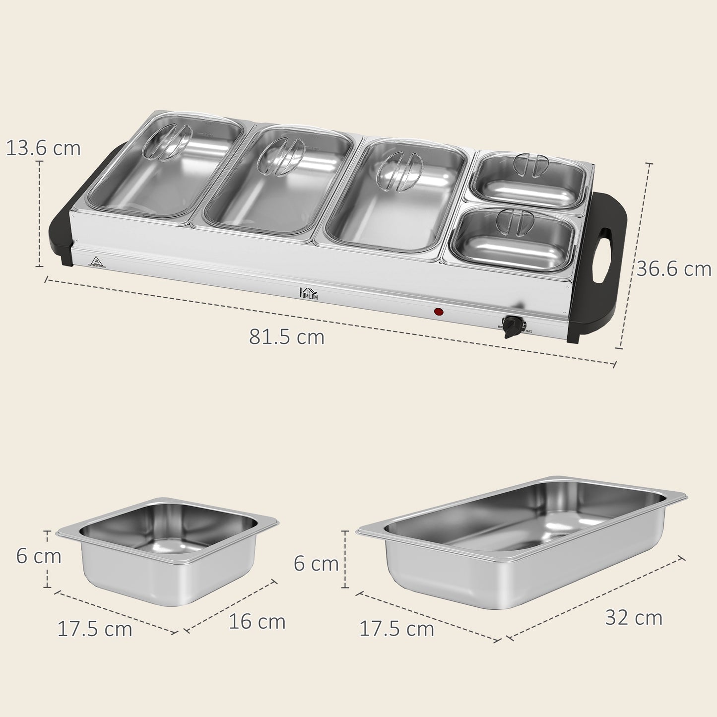 HOMCOM Five Tray Electric Buffet Warmer With Warming Plate And Adjust Temp Cool Touch Handles 300W 3X2.4L And 2X1L Pans