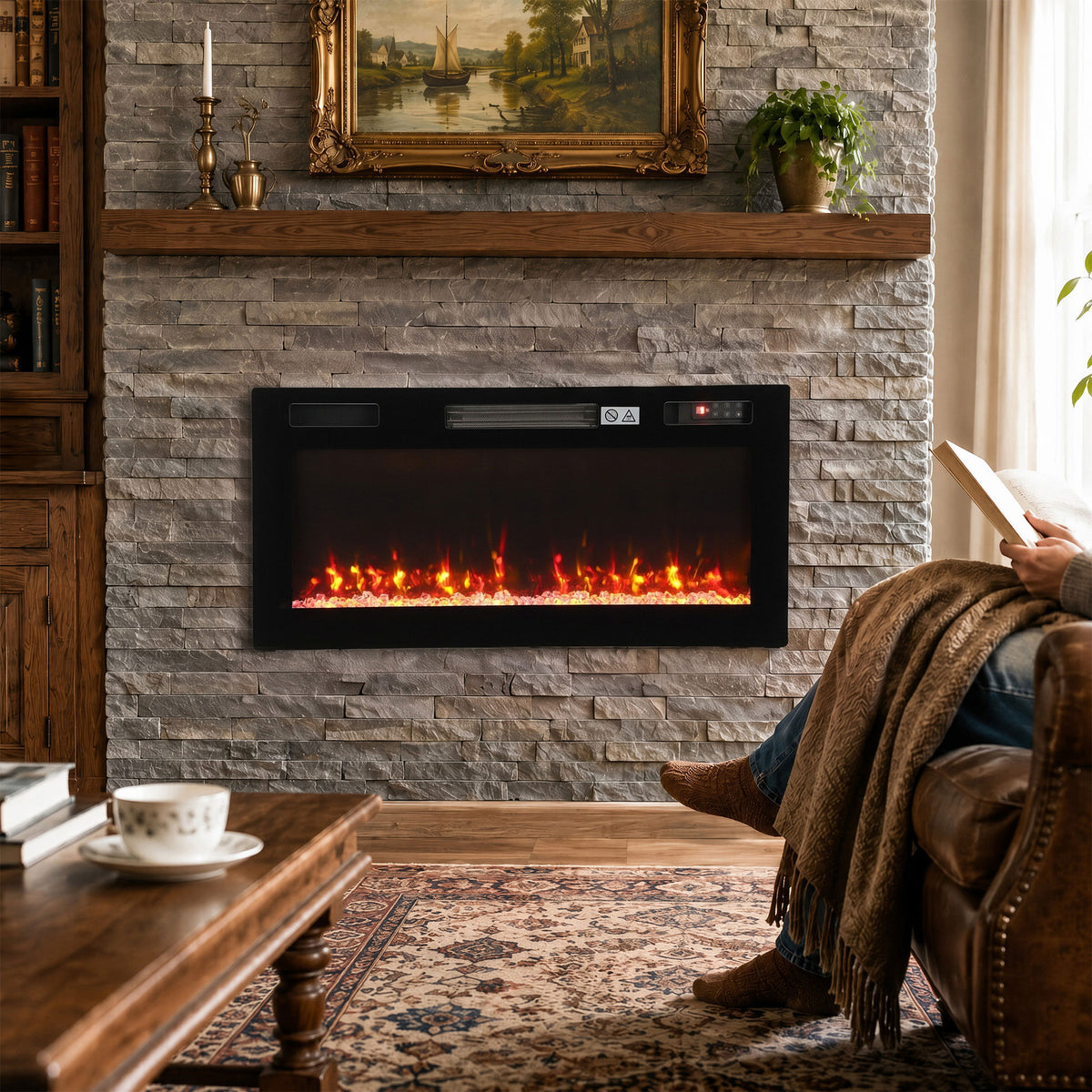 Wall-mounted electric fireplace with black frame and glowing red flame effect
