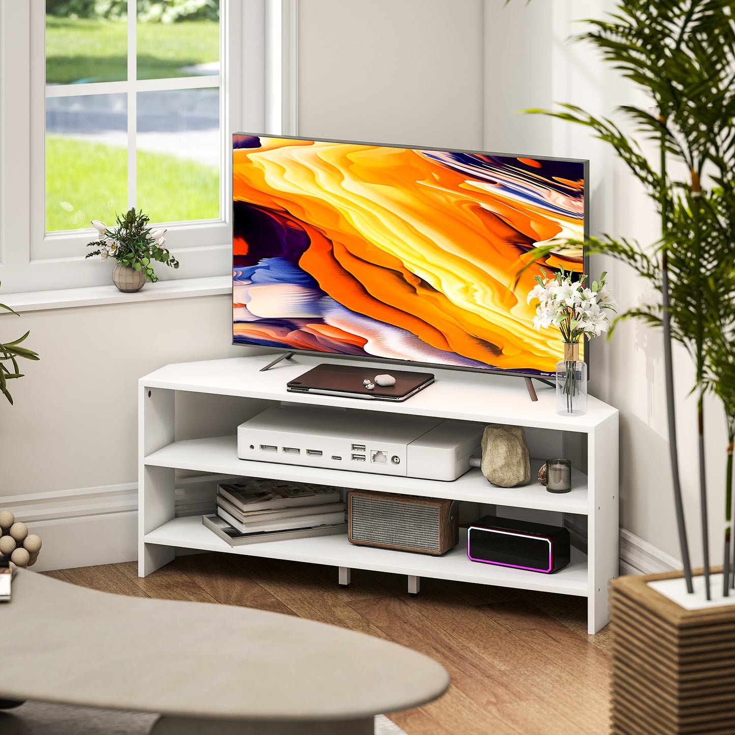 HOMCOM Corner TV Stand For 47 Inch TV With Two Open Shelves White Finish For Modern Living Room