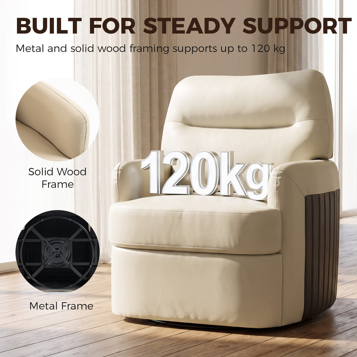 Cream faux leather swivel accent chair with thick seat cushion and padded backrest