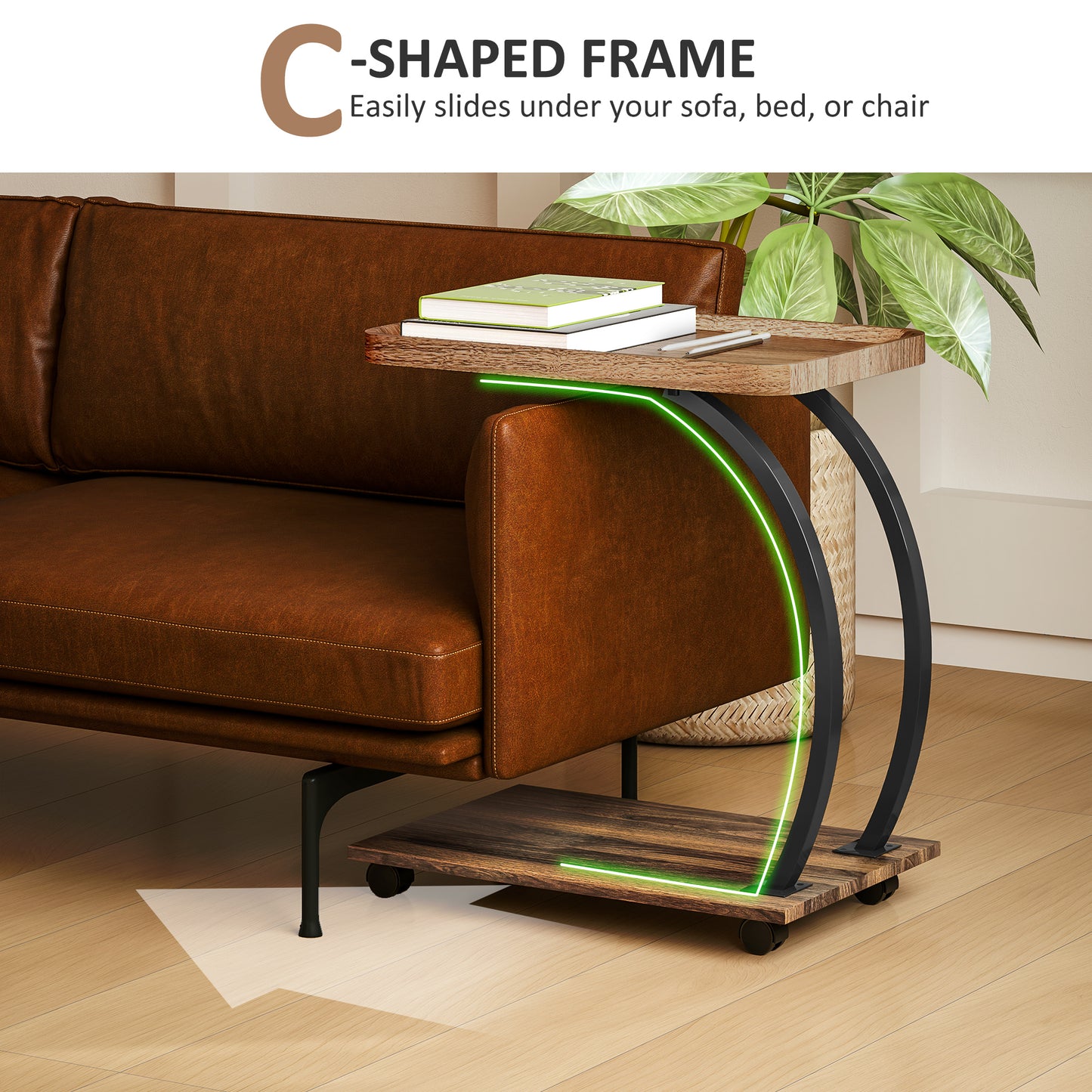 HOMCOM 2 Tier Mobile C Shaped Side Table Brown With Tray Top And Two Tier Storage