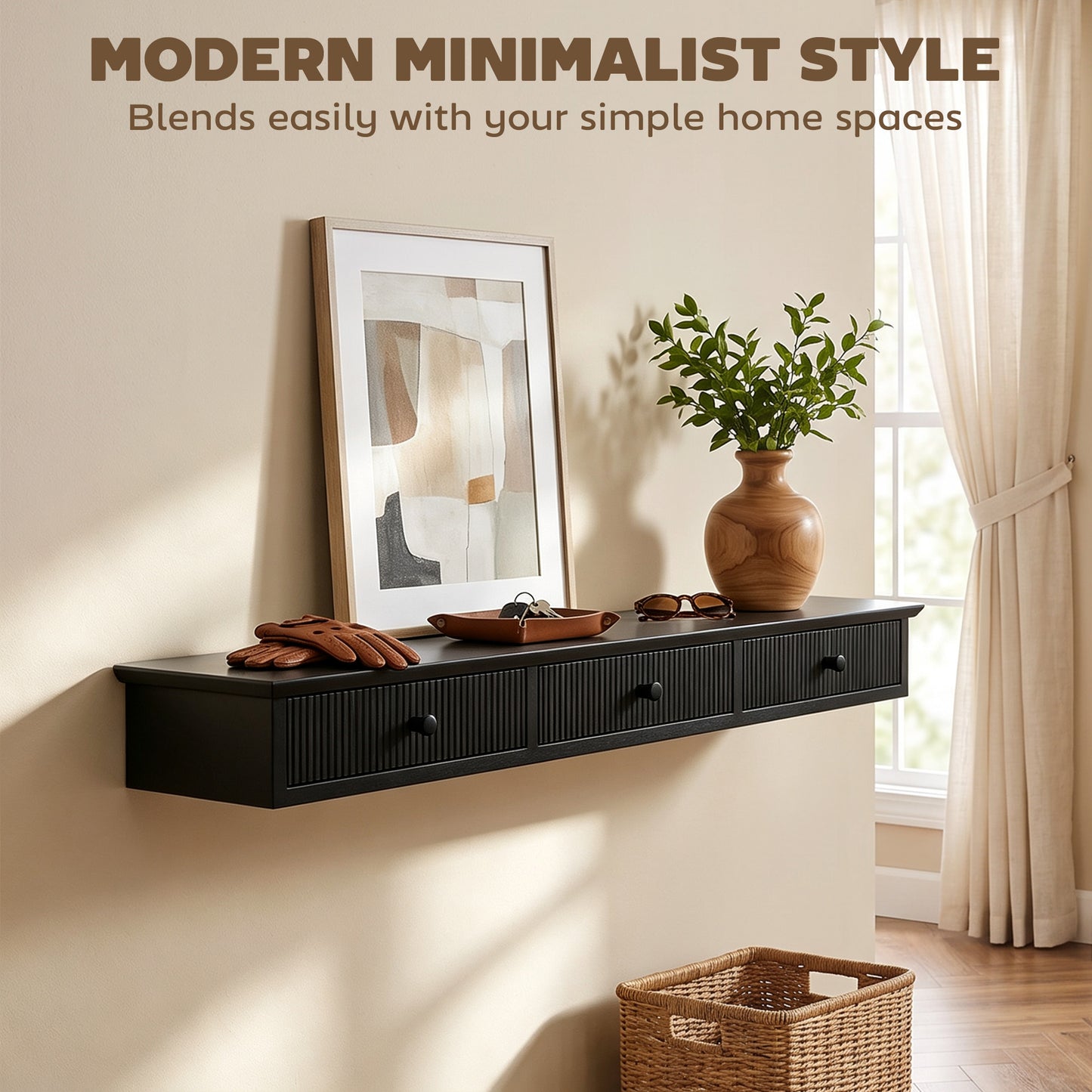 HOMCOM Black Wall Mount Storage Shelf Unit With Drawers For Entryway