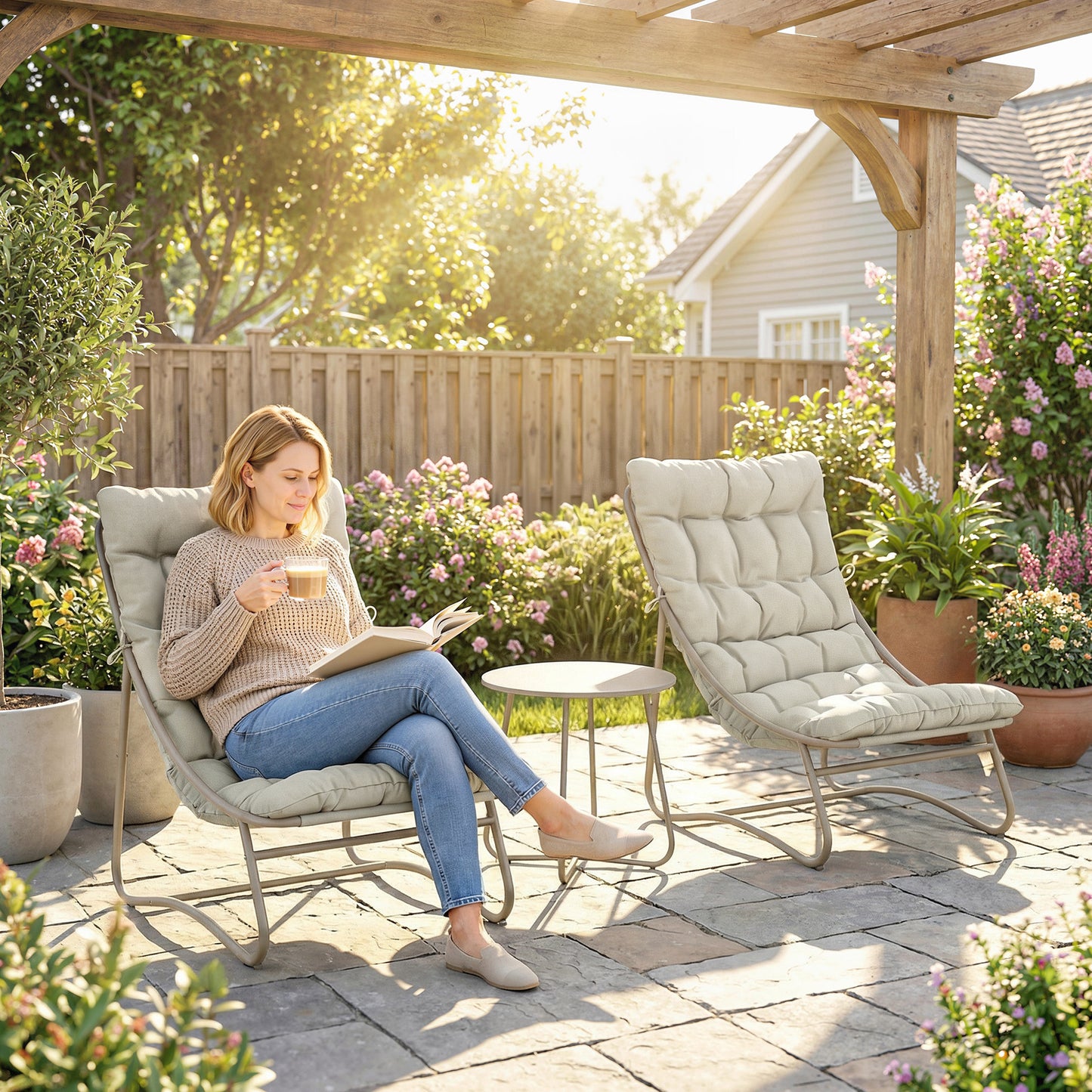 Outsunny 3 Piece Garden Bistro Set With Round Outdoor Table And Chairs For Two Texteline Seats And Cushions Light Grey