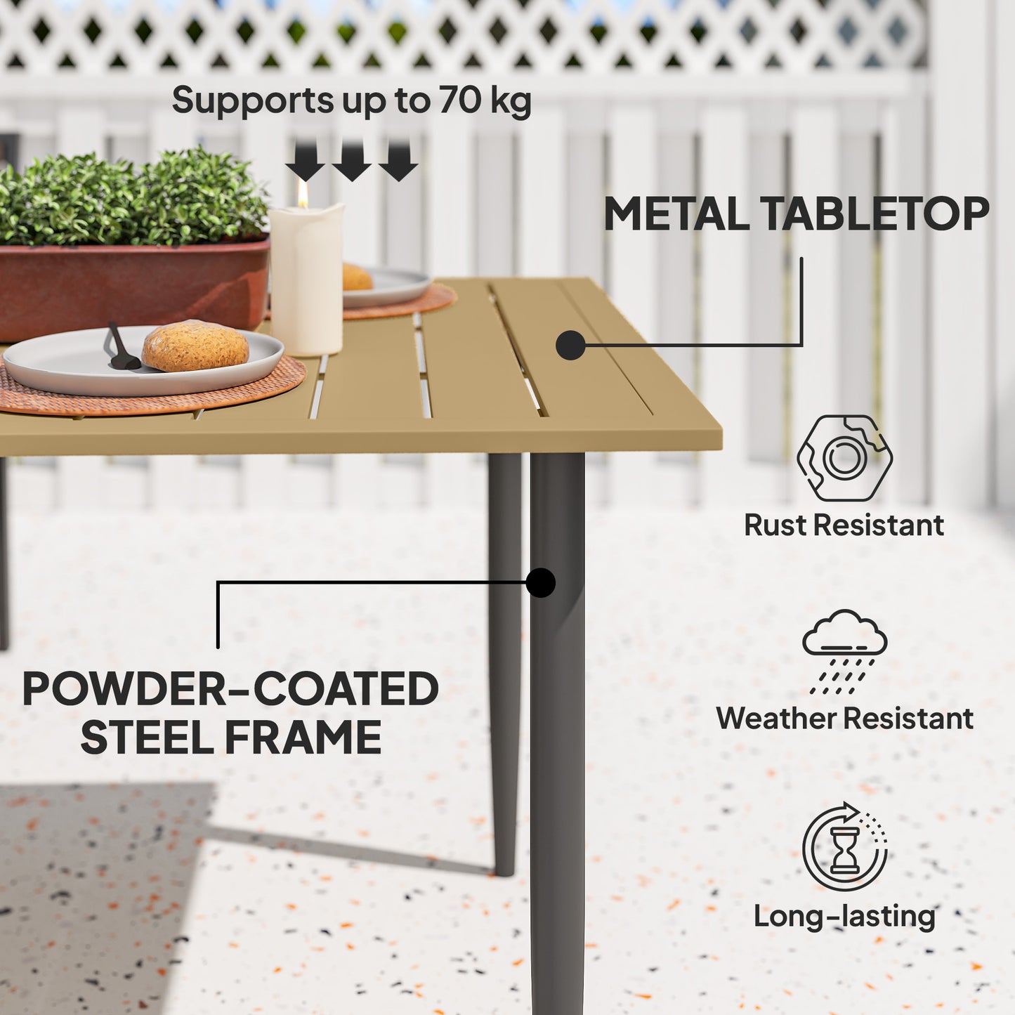 Outsunny Garden Dining Table 150 By 90 Cm Outdoor Slatted Table With 5 Cm Parasol Hole Steel Frame Brown
