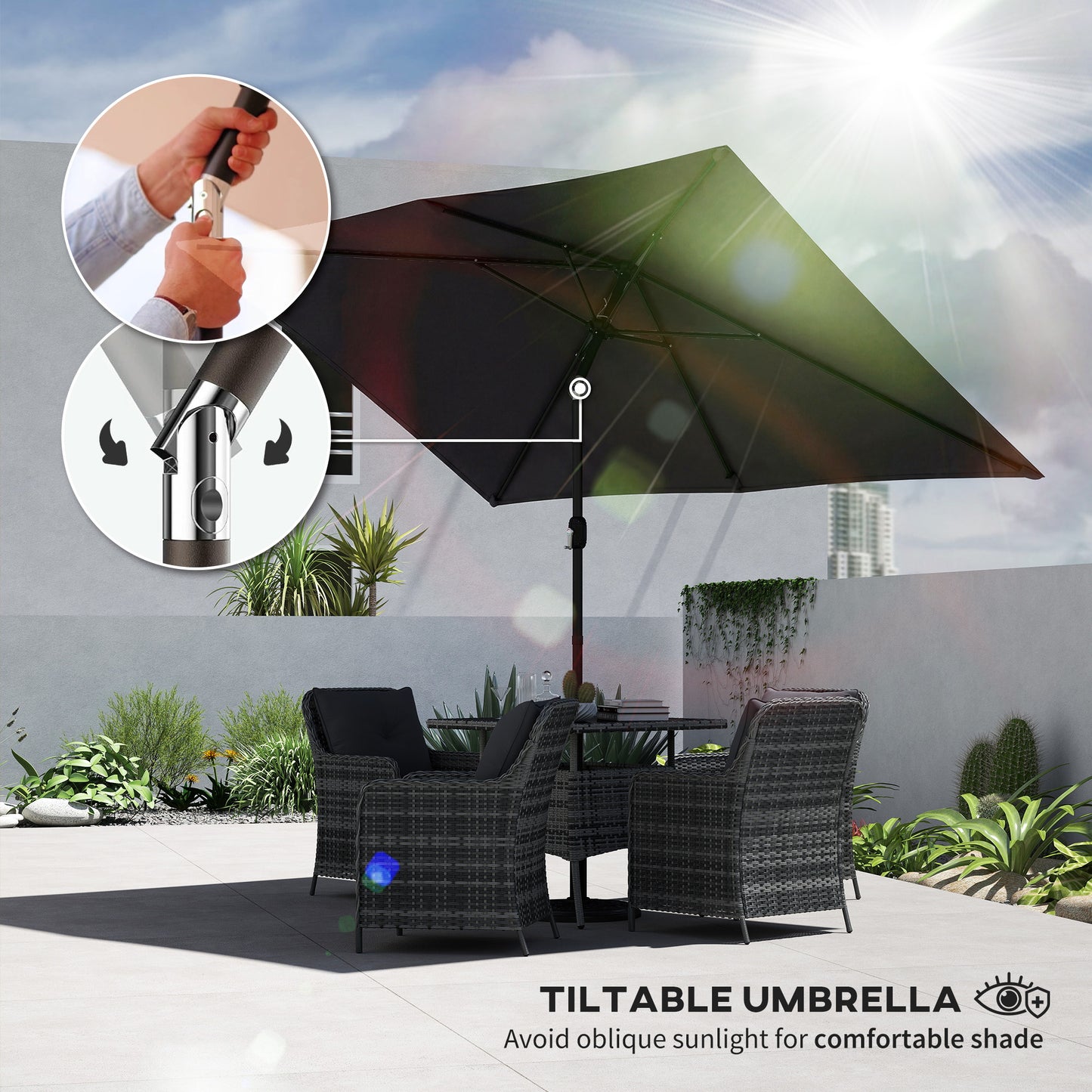 Outsunny Garden Parasol Umbrella With Crank Handle And Tilt Function 180g Polyester Canopy Fade Resistant Black