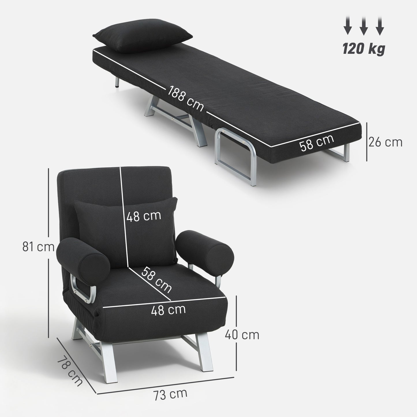 HOMCOM 3-In-1 Sofa Bed Convertible Chair Bed With Adjustable Backrest And Removable Armrests For Small Spaces Black