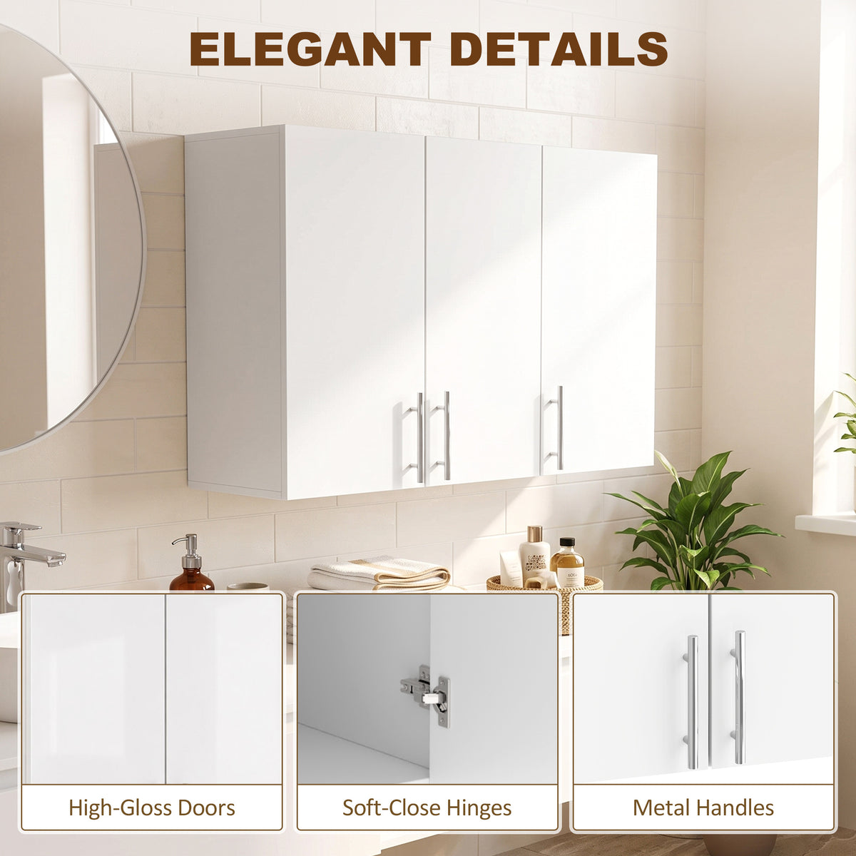 White bathroom wall cabinet with three high-gloss doors and metal bar handles