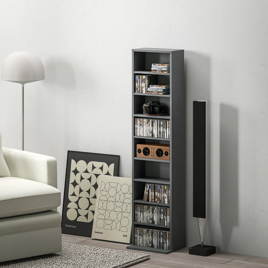 HOMCOM 260 Narrow CD Storage Unit Grey With Six Adjustable Shelves Holds 260 CDs And 120 DVDs