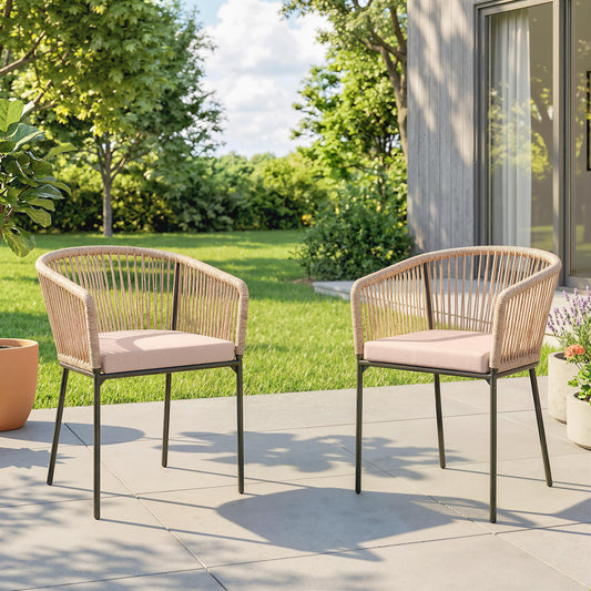 Outsunny Garden Chairs Set Of 2 Rattan Dining Chairs With String Back And Armrests Cushions Included Natural Wood