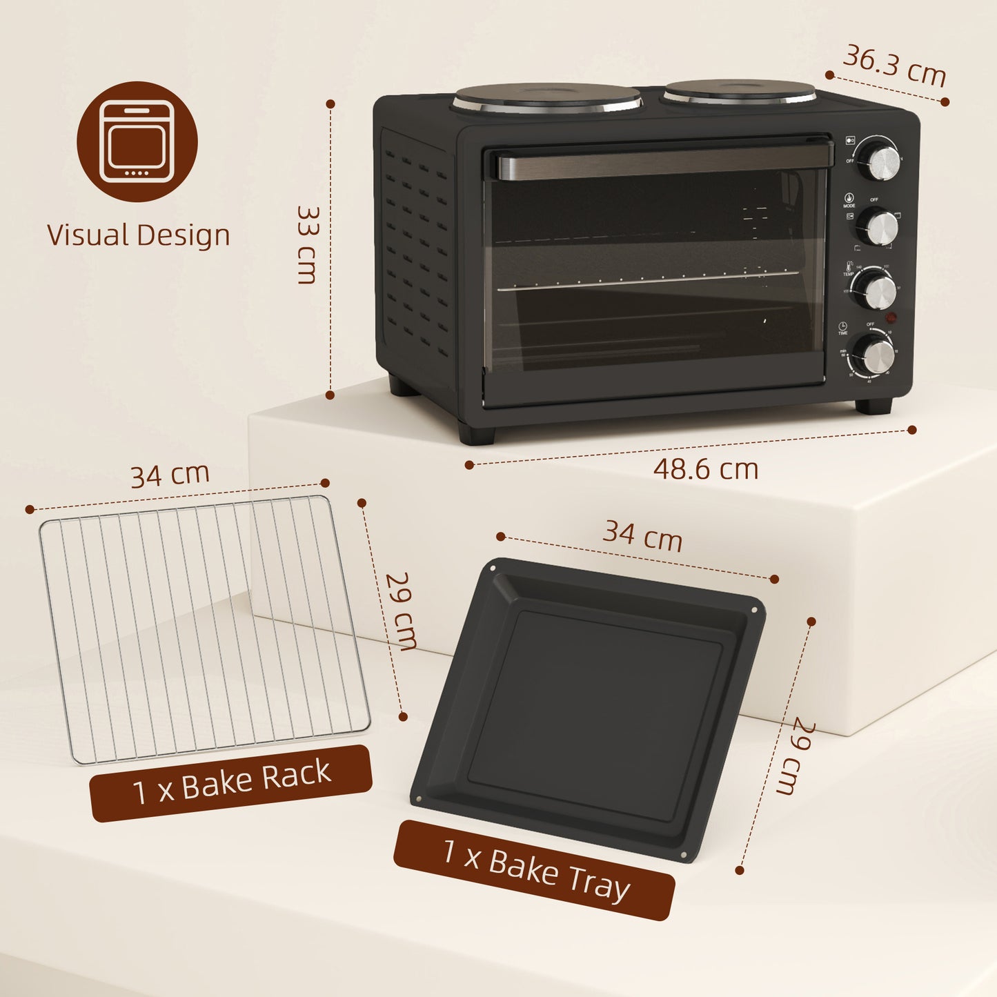 HOMCOM 28L Mini Oven With Dual Hot Plates 2600W Countertop Toaster Oven Grill Bake Roast Boil