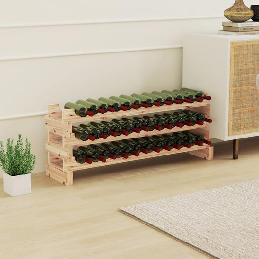 HOMCOM Three Tier Wooden Wine Rack Natural Finish Holds 36 Bottles 750ml Capacity