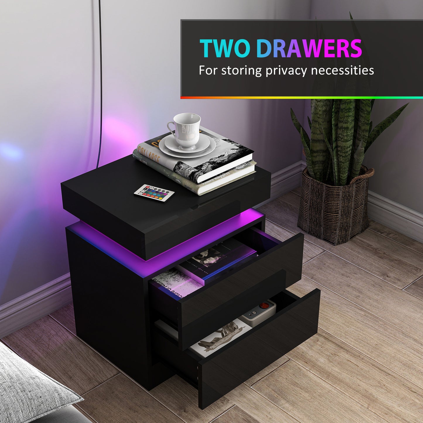 HOMCOM Black LED Bedside Table Set Of 2 With Color Changing Light High Gloss Front Nightstands With Two Drawers