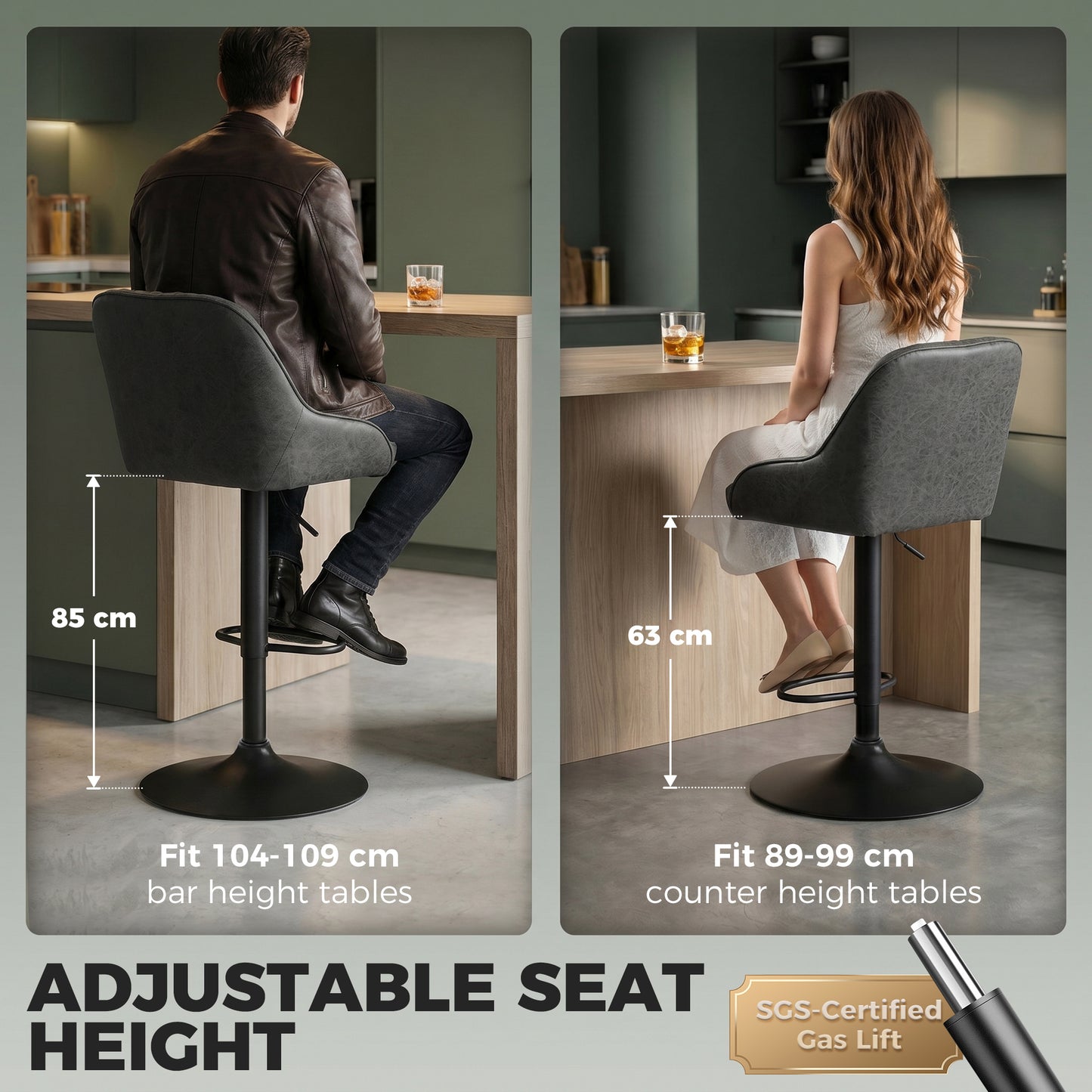 HOMCOM Adjustable Swivel Bar Stools With Backrest Set Of 2 For Kitchen Island Dark Grey