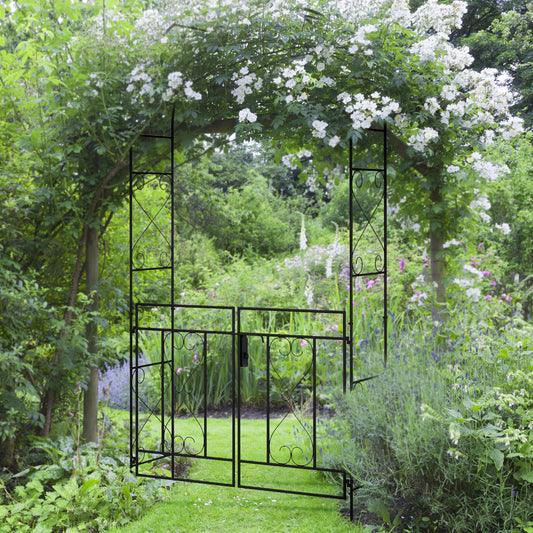 Outsunny Powder Coated Steel Garden Arch With Gate Black For Outdoor Decor And Climbing Vines Plants