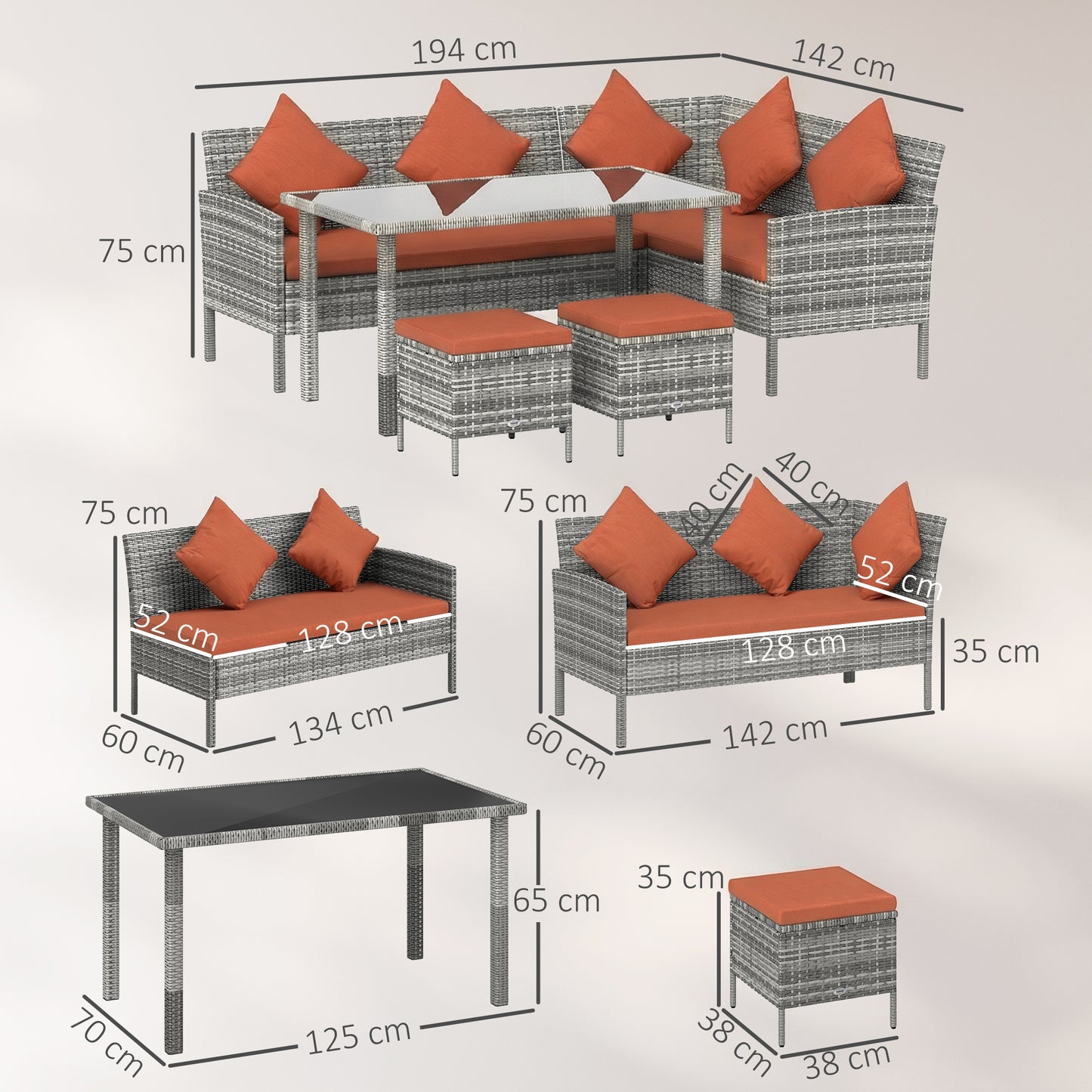 Outsunny Six Seater Rattan Dining Set With Sofa Table Footstools Outdoor Garden Furniture Orange Cushions