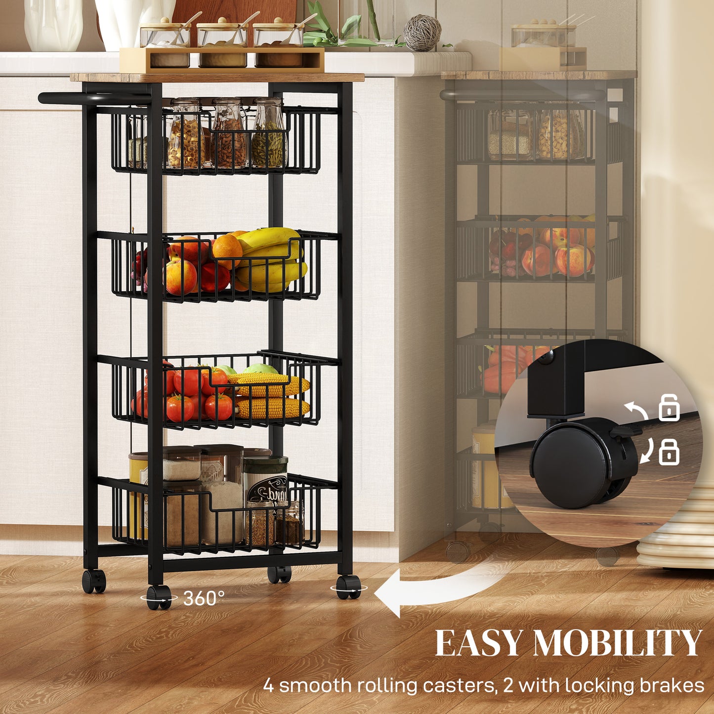Homcom Four Basket Mobile Kitchen Island With Brakes Oak And Black Top For Extra Counter Space Kitchen Organization