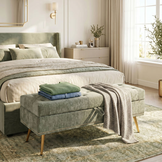 Light green chenille storage ottoman with padded seat and metal legs, hinged top