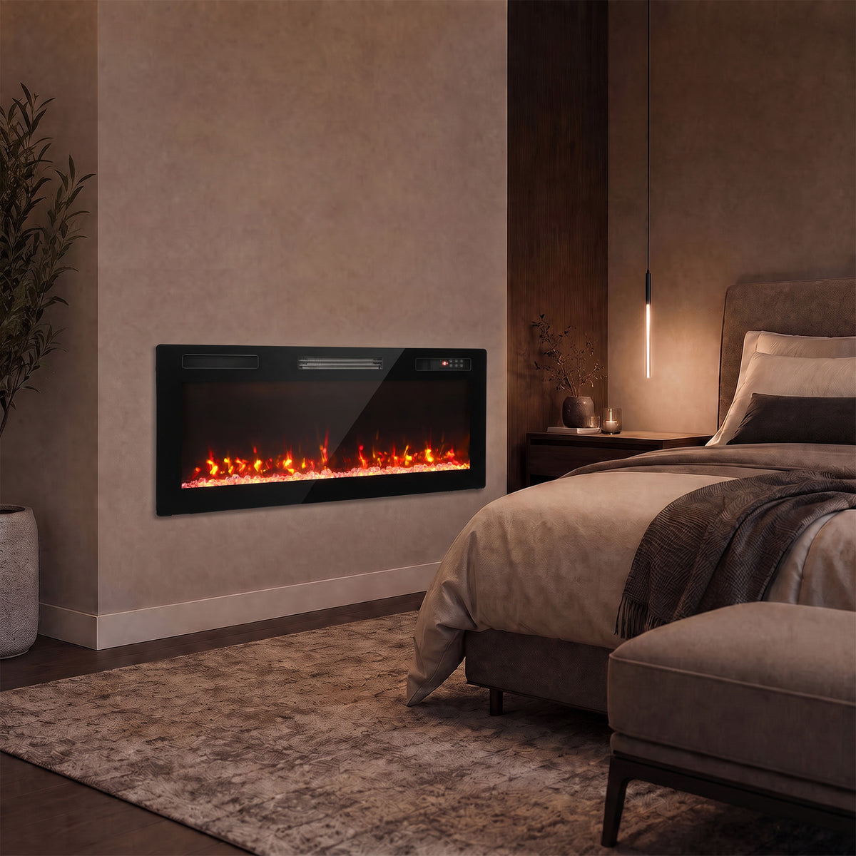 Ultra-slim wall-mounted electric fireplace with black frame and LED flame window