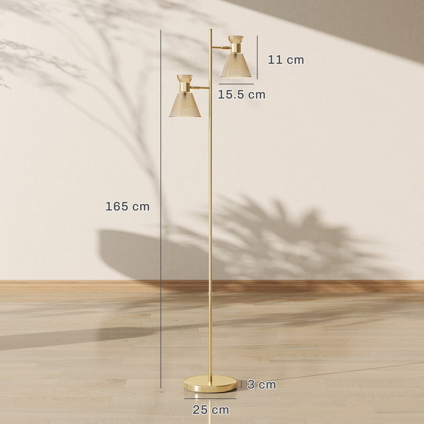 HOMCOM Adjustable Dual Head Floor Lamp With Floral Glass Shades Gold Tone E27 Socket Foot Switch Living Room Bedroom