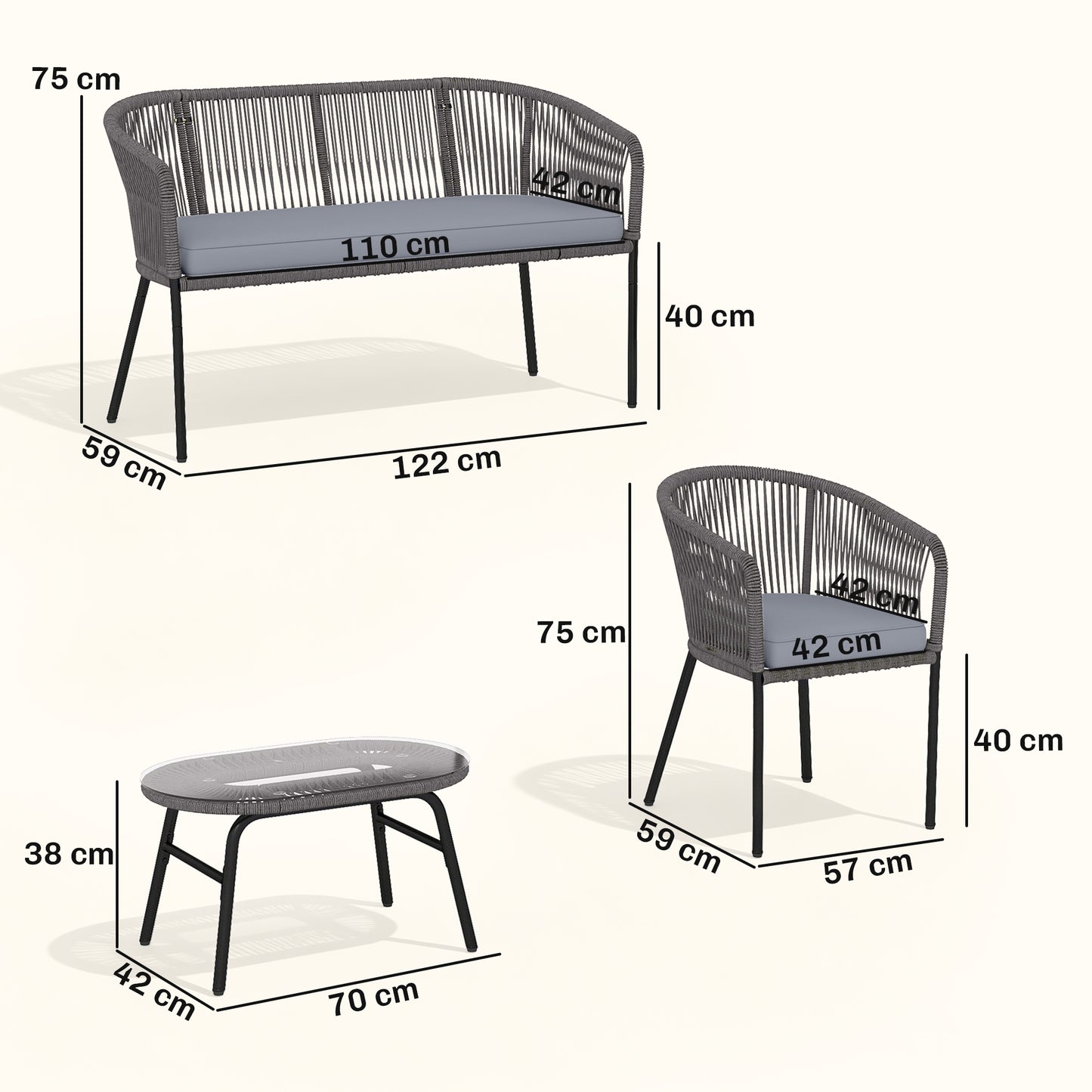 Outsunny 4 Piece Garden Furniture Set Rope Sofa With Loveseat And Two Chairs Tempered Glass Table Cushions Dark Grey