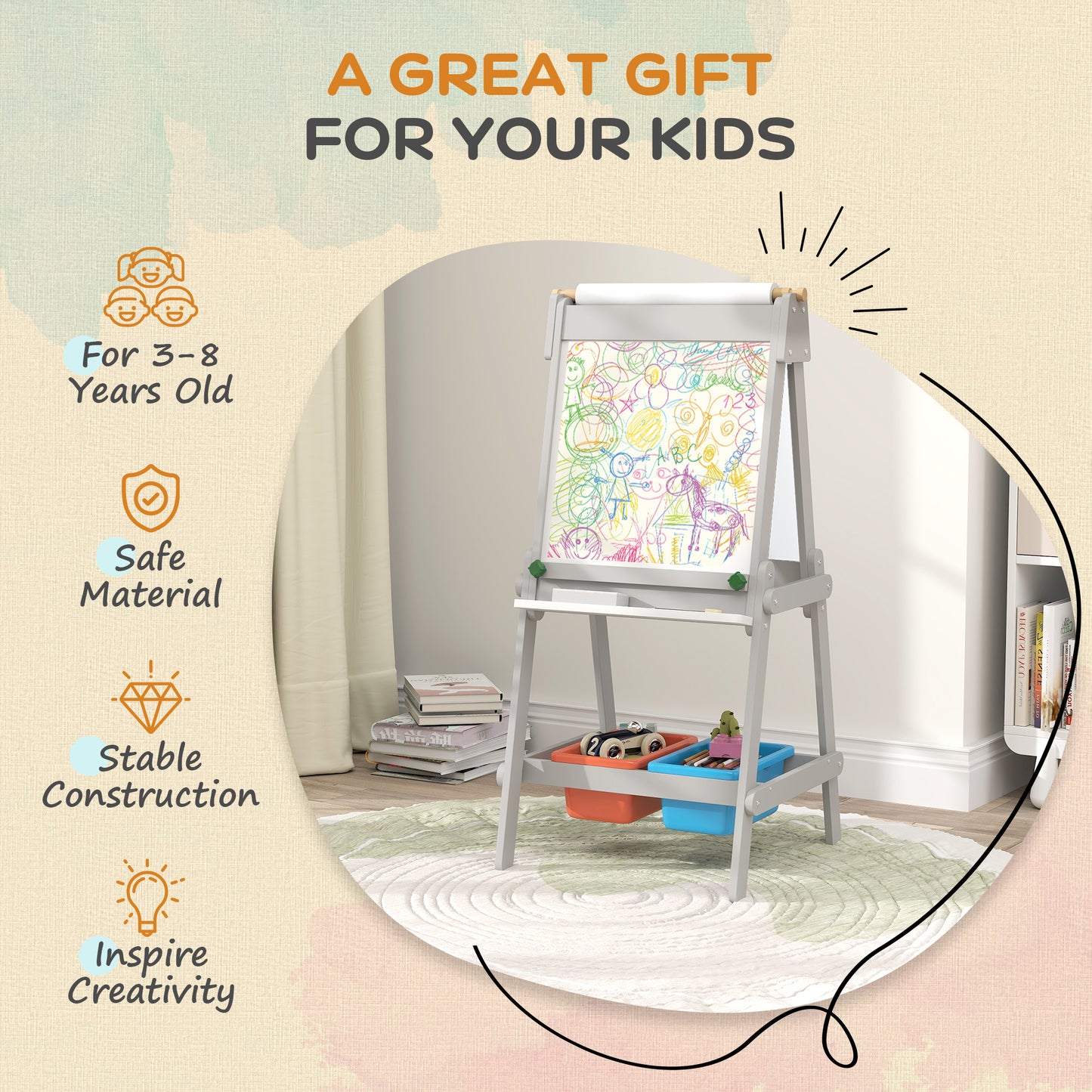 AIYAPLAY Art Easel for Kids with Paper Roll 3 in 1 Double Sided Chalkboard Whiteboard Storage Boxes