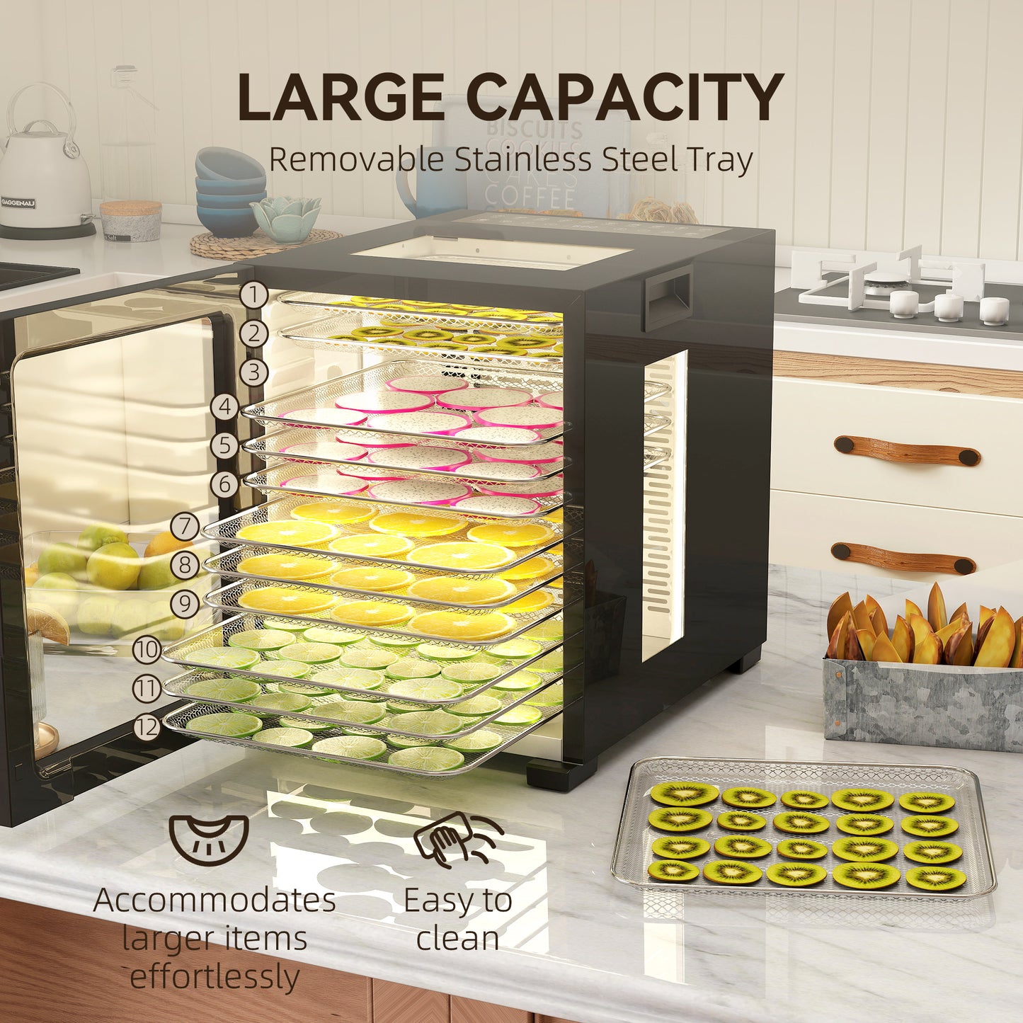 HOMCOM 12-Tray Food Dehydrator Black With Stainless Steel Trays 40 To 70 C Temperature Range