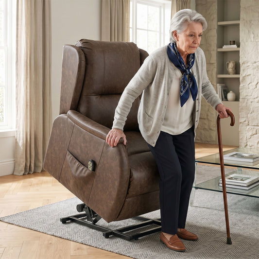 Brown power lift recliner chair with padded arms and adjustable footrest base