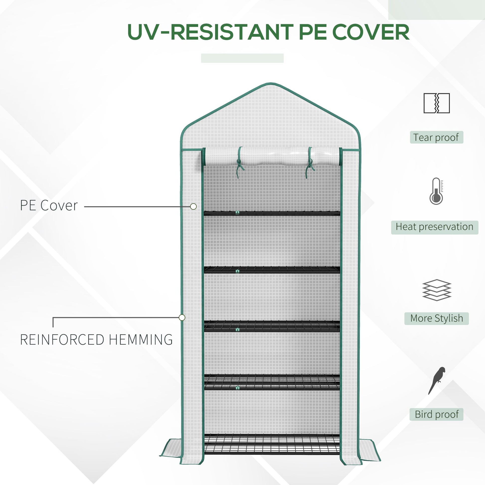 Outsunny Portable 5-Tier Mini Greenhouse with Reinforced PE Cover, Wire Shelves & Roll-Up Door - White, 193H x 90W x 49Dcm - ALL4U RETAILER LTD