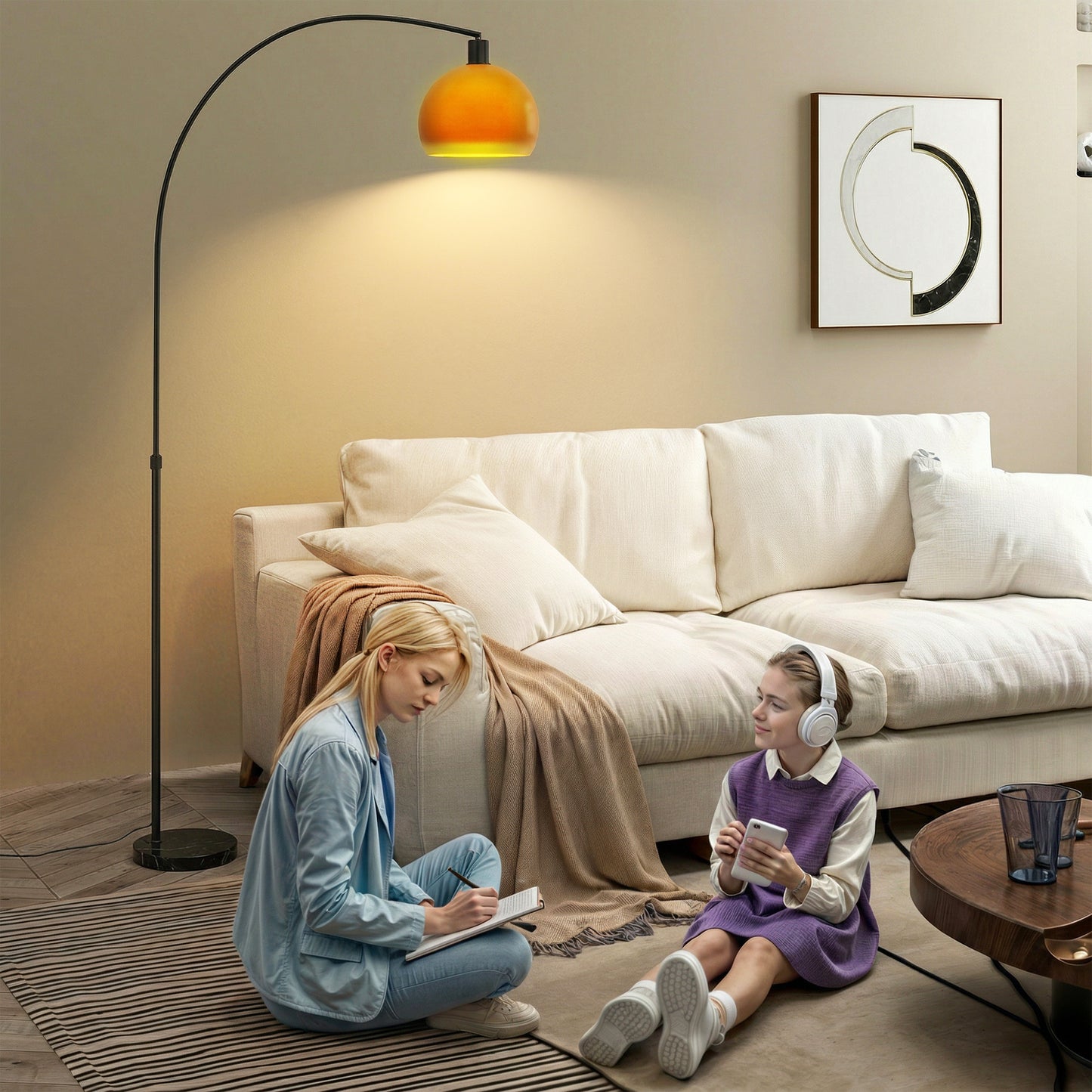 HOMCOM Modern Floor Lamp for Living Room Bedroom and Office with Shade and Foot Switch Marble Base Black