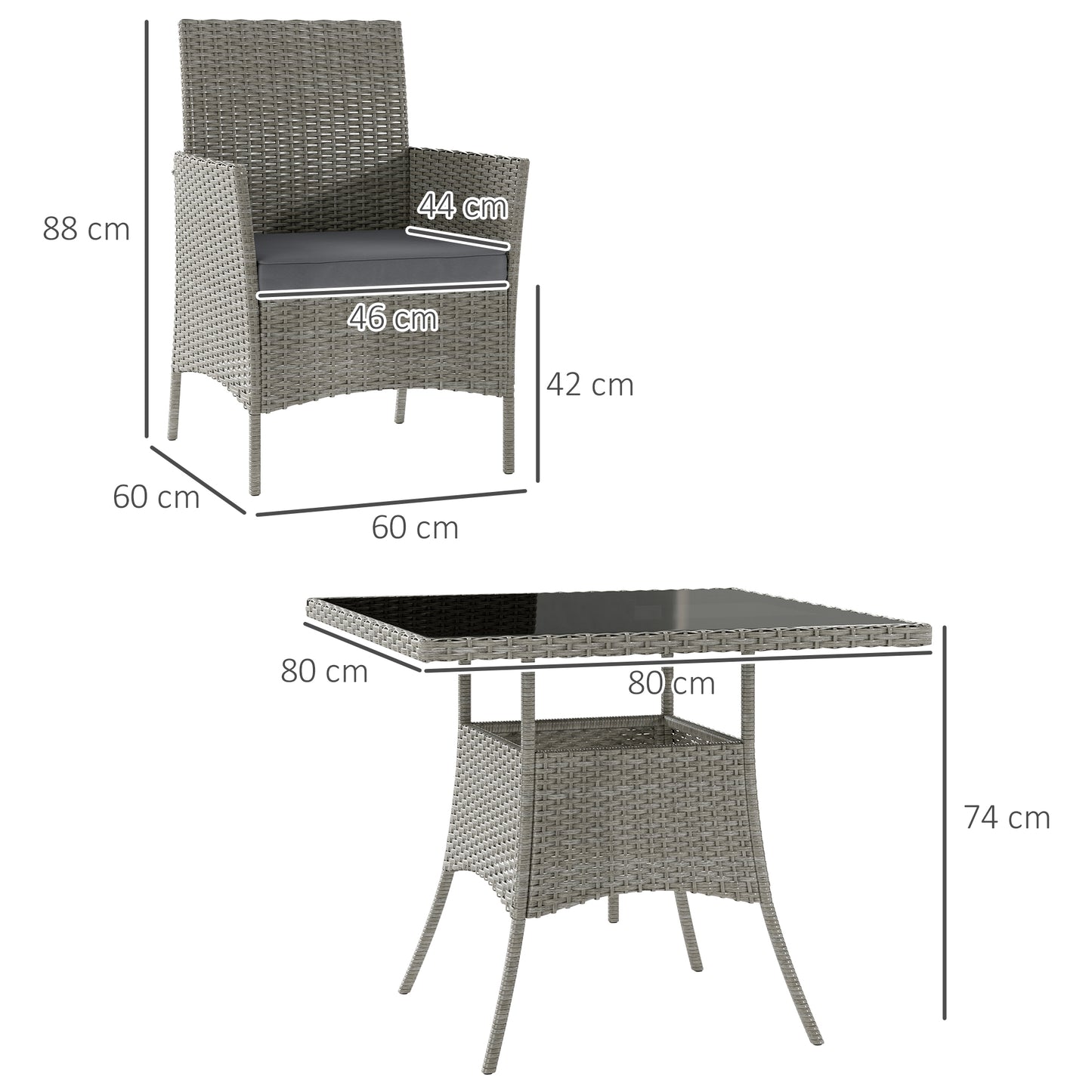 Outsunny Five Piece Rattan Dining Set Light Grey Four Chairs With Glass Table And Cushions