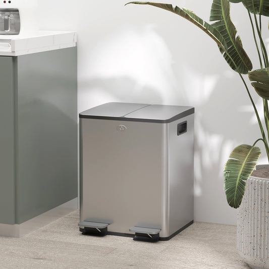 HOMCOM Dual Compartment 40L Stainless Steel Pedal Bin with Soft Close Lid and Removable Inner Buckets, Fingerprint-Resistant, Silver - ALL4U RETAILER LTD