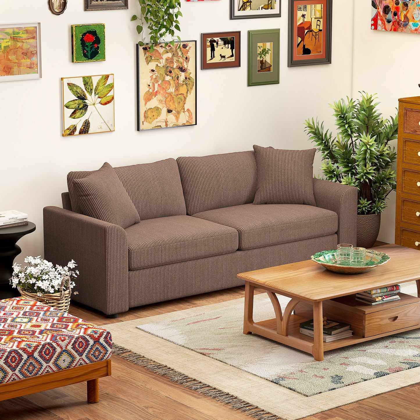 HOMCOM Modern 3 Seater Sofa With Spring Cushion 212 cm Fabric Jumbo Corduroy Couch With Scatter Cushions For Living Room