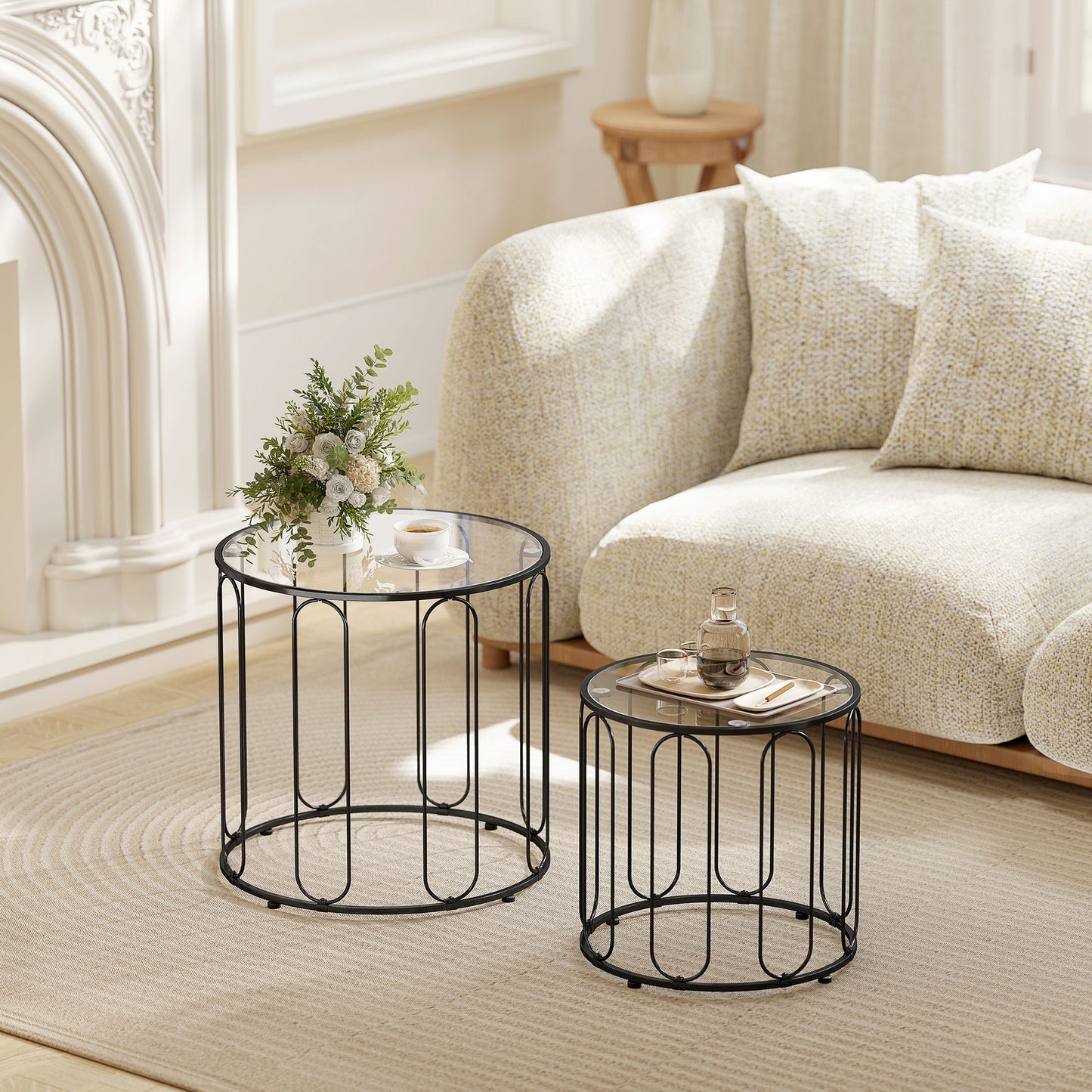 HOMCOM Elliptical Cutout Nesting Tables Black Glass Top With Metal Ring Frame Two Piece Set