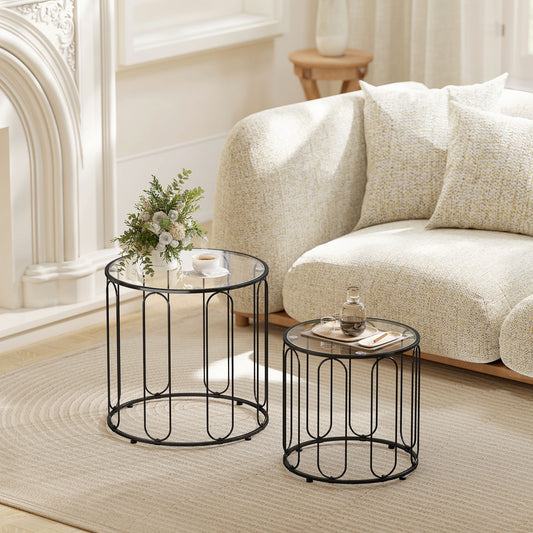 HOMCOM Elliptical Cutout Nesting Tables Black Glass Top With Metal Ring Frame Two Piece Set