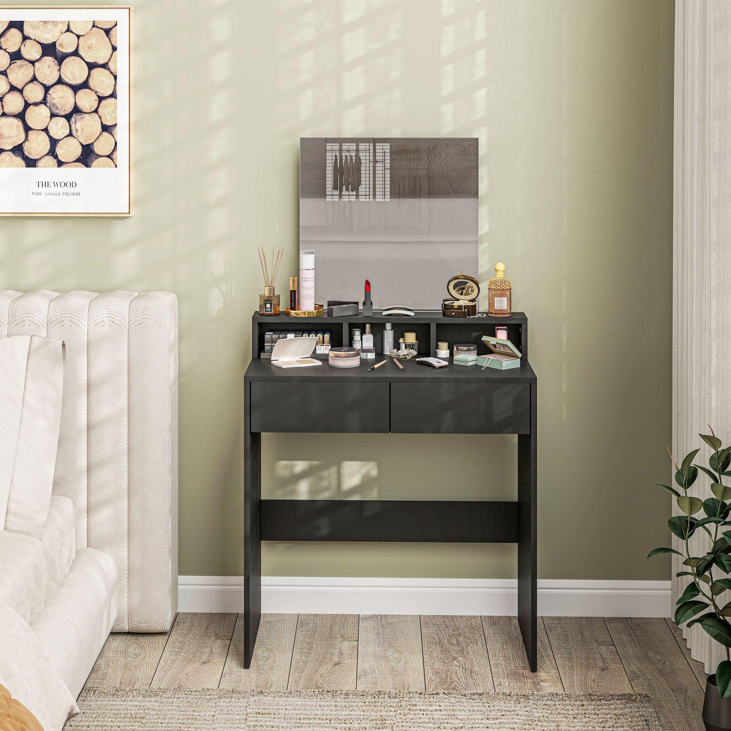 HOMCOM Multi Storage Vanity Dressing Table With Mirror And Drawers In Black With Three Shelves And Anti Tipping Straps