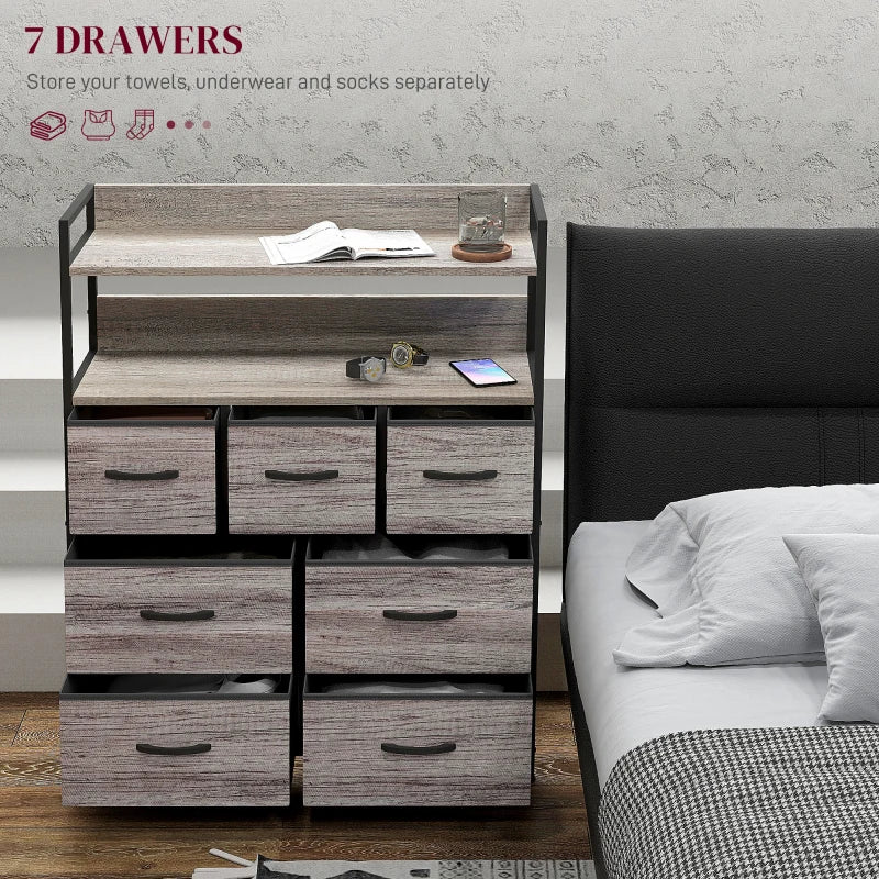 HOMCOM Rustic Chest of Seven Fabric Drawers with Grey Wood Effect Finish - ALL4U RETAILER LTD