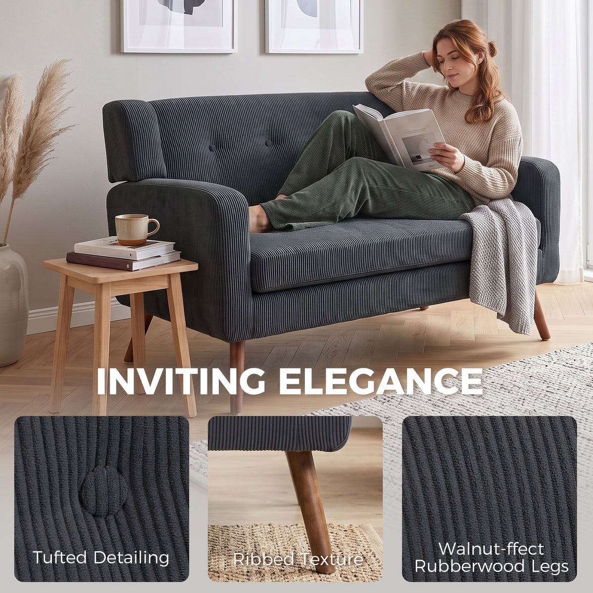 Gray corduroy loveseat with tufted back and rolled arms, wooden legs