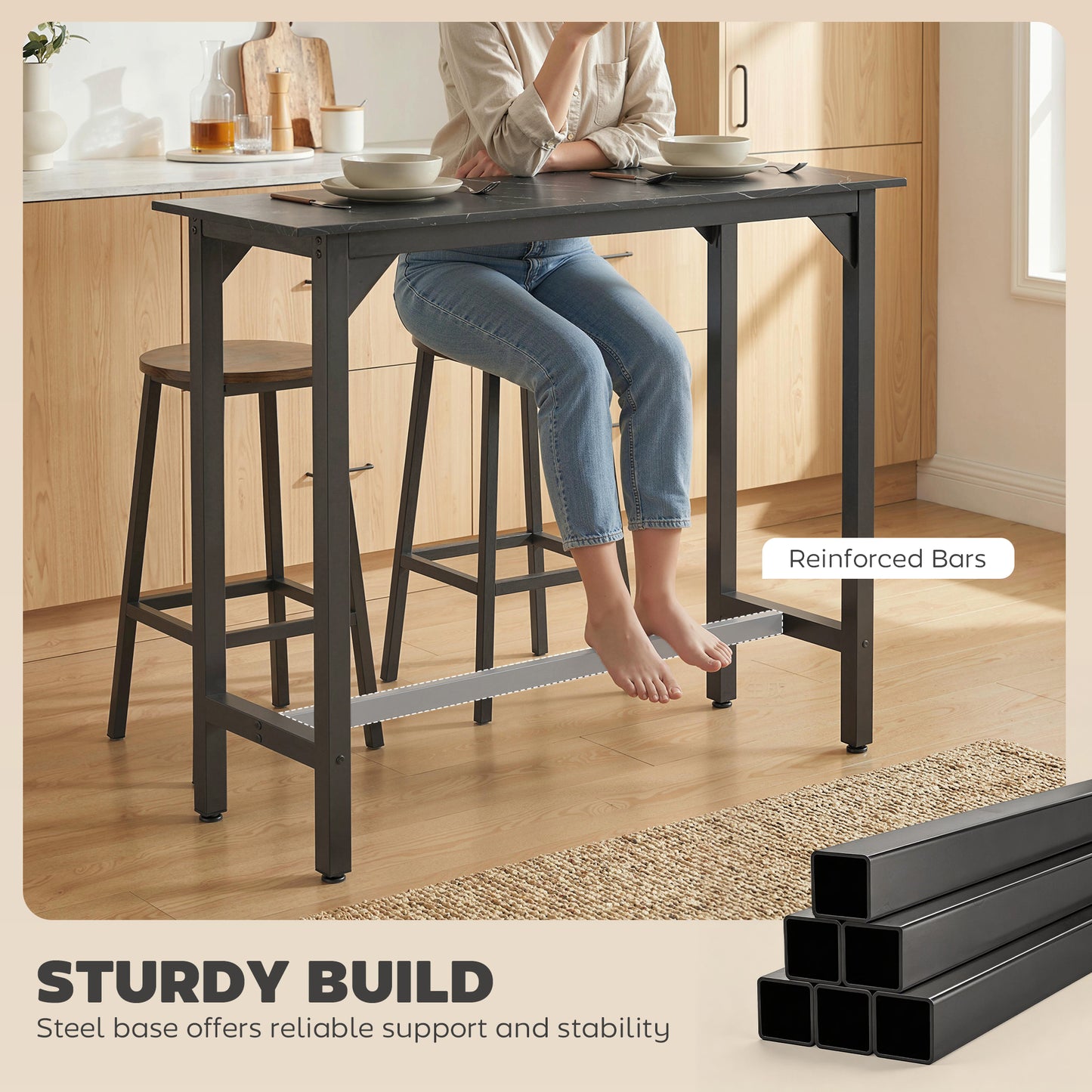 HOMCOM Rectangular Bar Table Marble Effect Pub Coffee Table For Small Spaces Breakfast Dining Black Marble